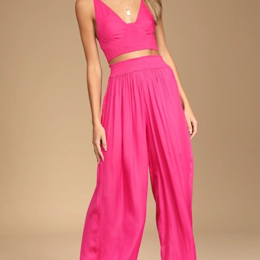Lulus Vibrant Pink Sleek And Chic Wide-Leg Pants‎ sz Small